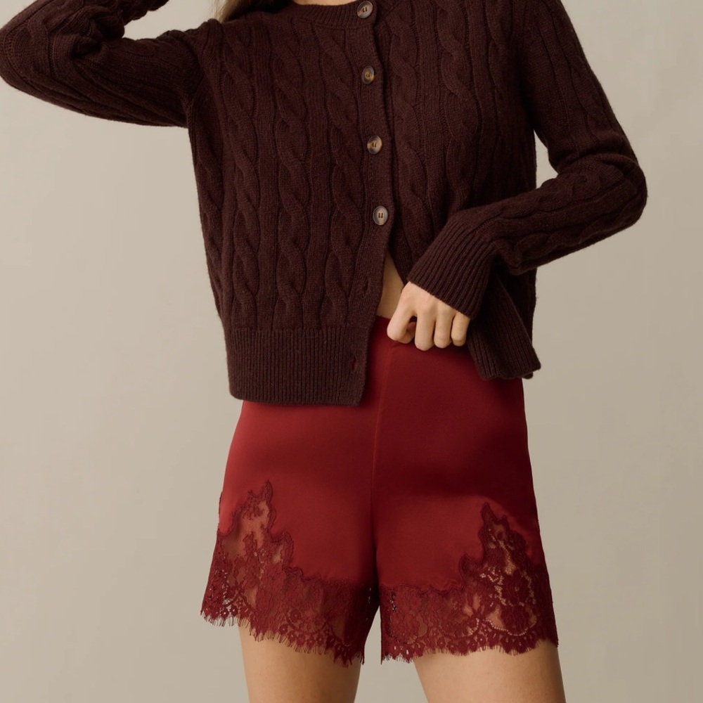 Sorella Rose Silk Lace Trim High Waist Burgundy Shorts - Picture 5 of 8